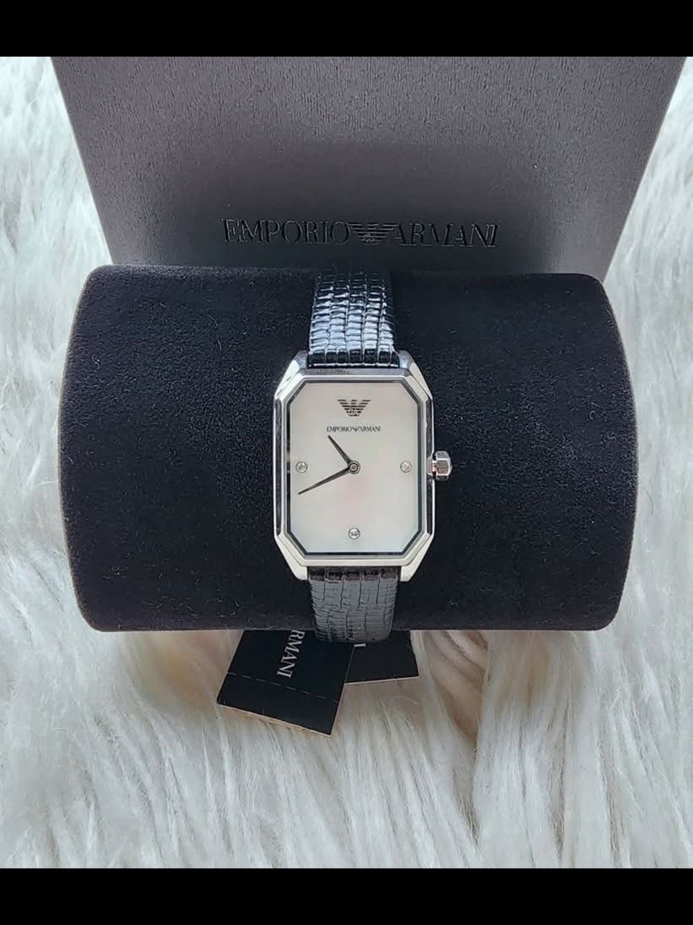 Emporio Armani Women's Black Leather Strap Octagon Watch